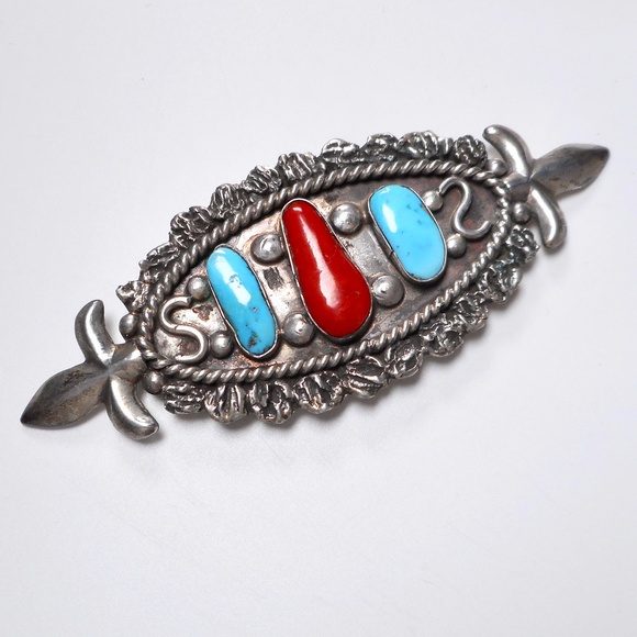 Vintage Old Pawn Navajo Silver Turquoise Coral Brooch Pin Native American